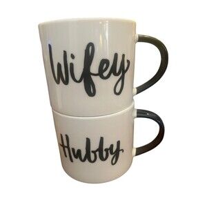 Wifey Hubby Porcelain Coffee Cup Mugs Set Stackable Newlyweds Married Life Cute